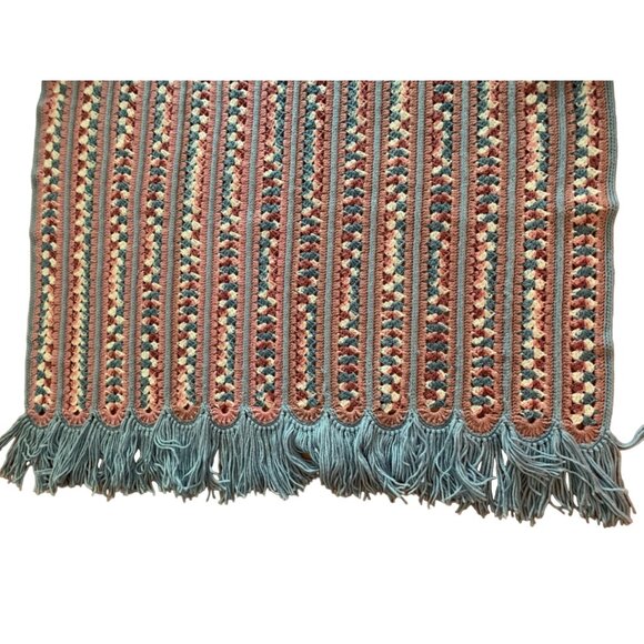 Handmade Mile a Minute Crochet Throw Blanket with Fringe 44"x72" Soft Pastels - Picture 1 of 16